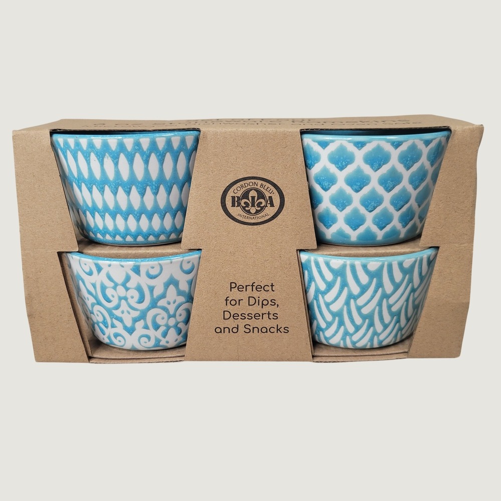 BIA Cordon Bleu 6 oz Stoneware Ramekins Set of 4 Blue White Patterned Bowls NEW